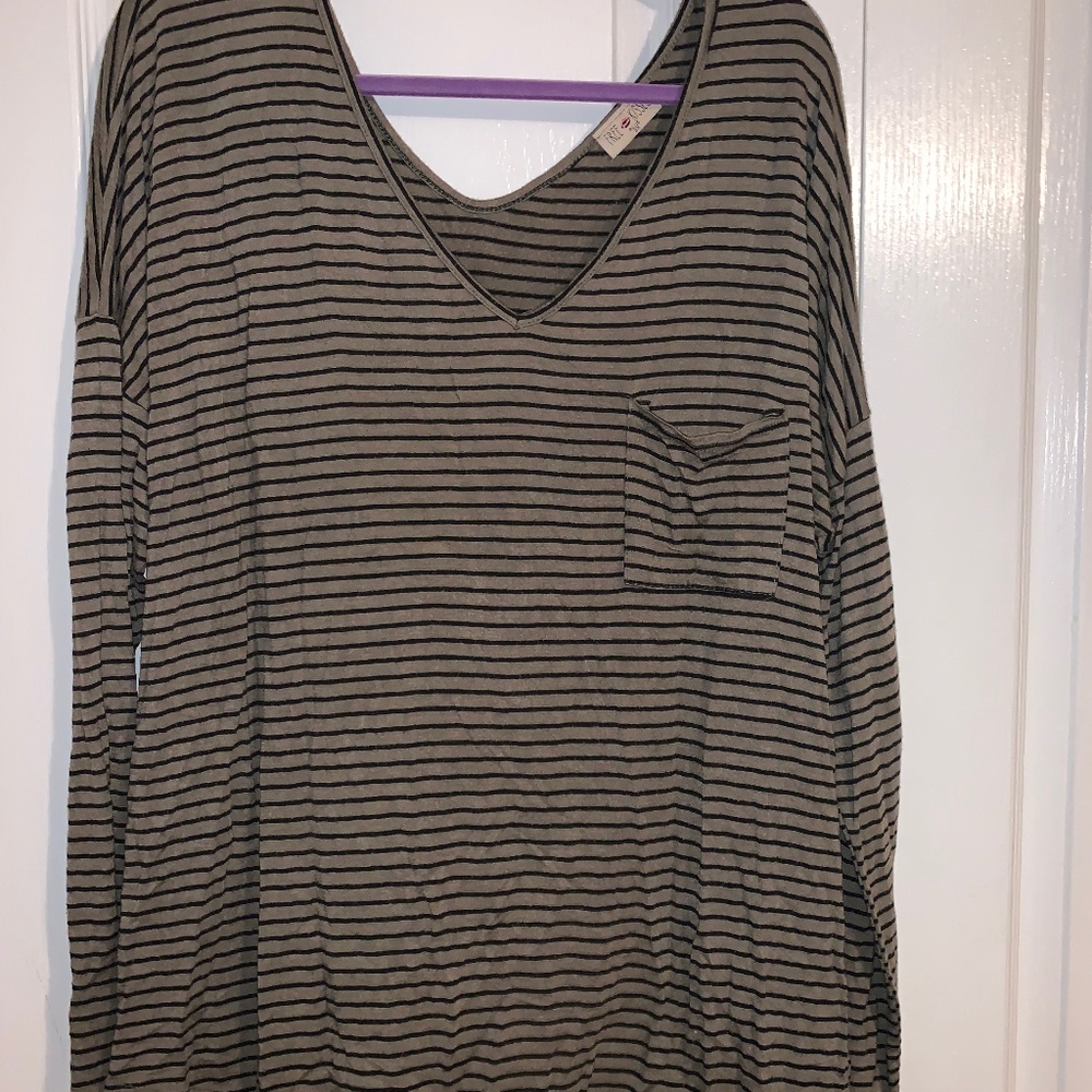 (2/$12)army green and Black V neck striped shirt